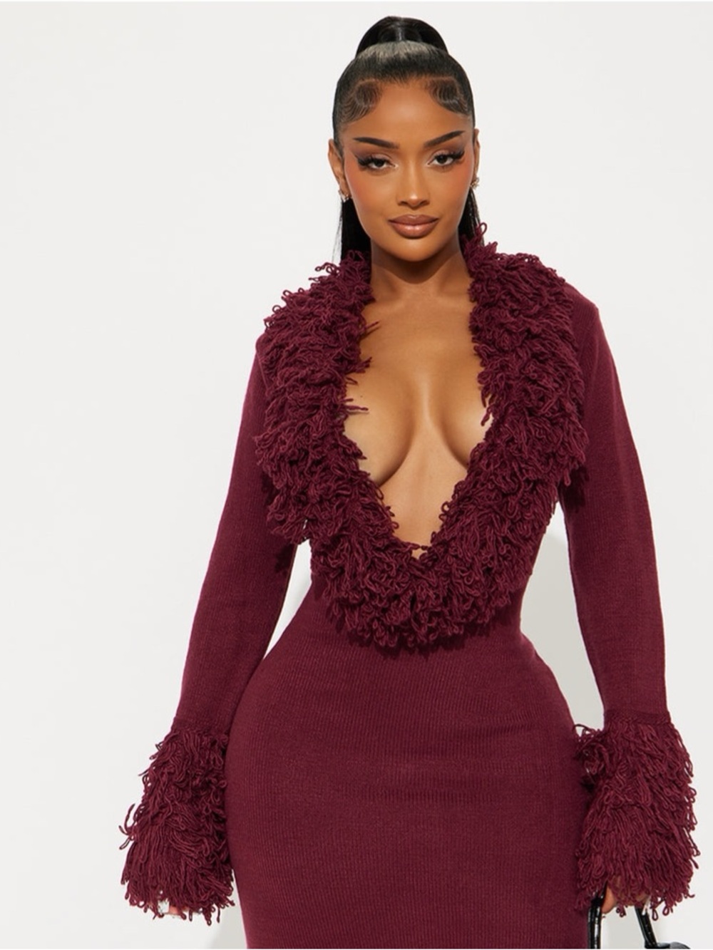 Fashion Nova Chi Sweater Mini Dress Burgundy Red Fringe  long sleeve 1X NWT